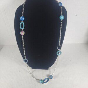 Viva Beads Retro Blue Turtle Floral Clay Beads Silver-Tone Chain 36" Necklace